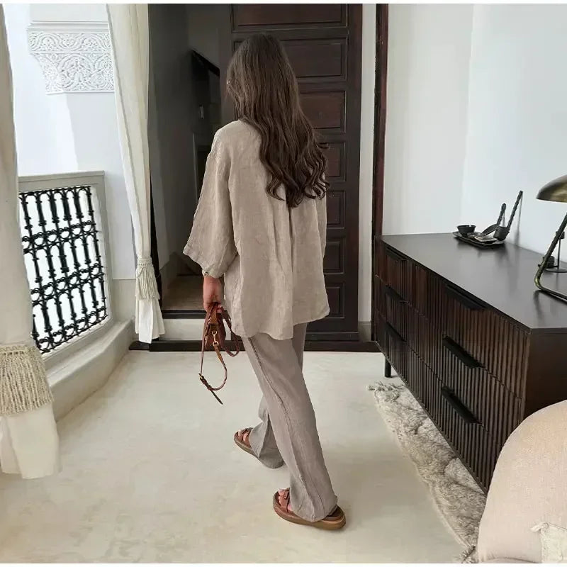 Women Vintage Solid Loose Pants Suit Lapel Single Breasted Long Sleeve Shirt Wide Leg Pants 2 Pcs Set 2025 New Ladies Streetwear