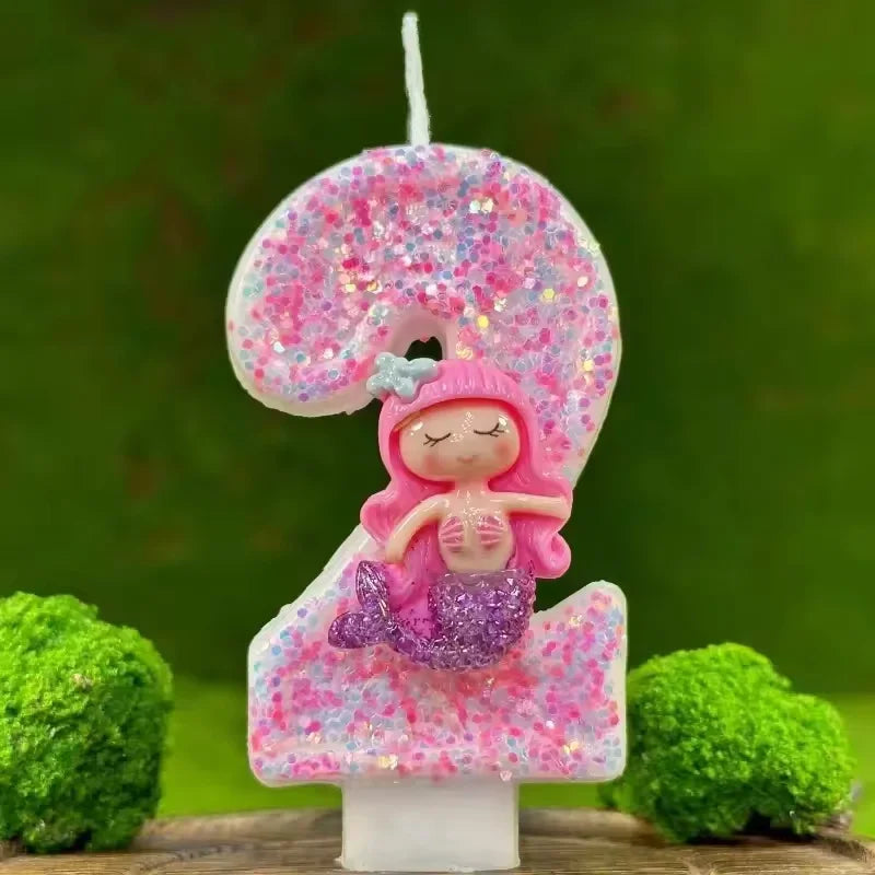 Sanrio Handmade DIY1pc Number 0-9 Pink cartoon mermaid Digital Candles with Sequins Suitable for Birthday Party Cake Decoration