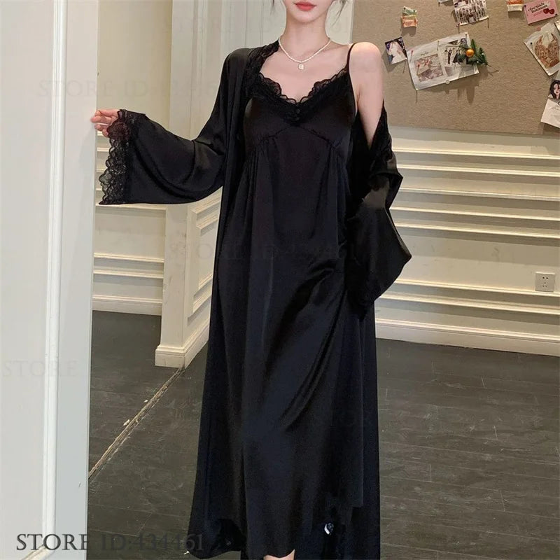 Women Long Twinset Robe Set Sexy Lace Trim Wedding Bathrobe Kimono Gown Sleepwear Elegant Ice Silk Nightgown Loungewear Homewear
