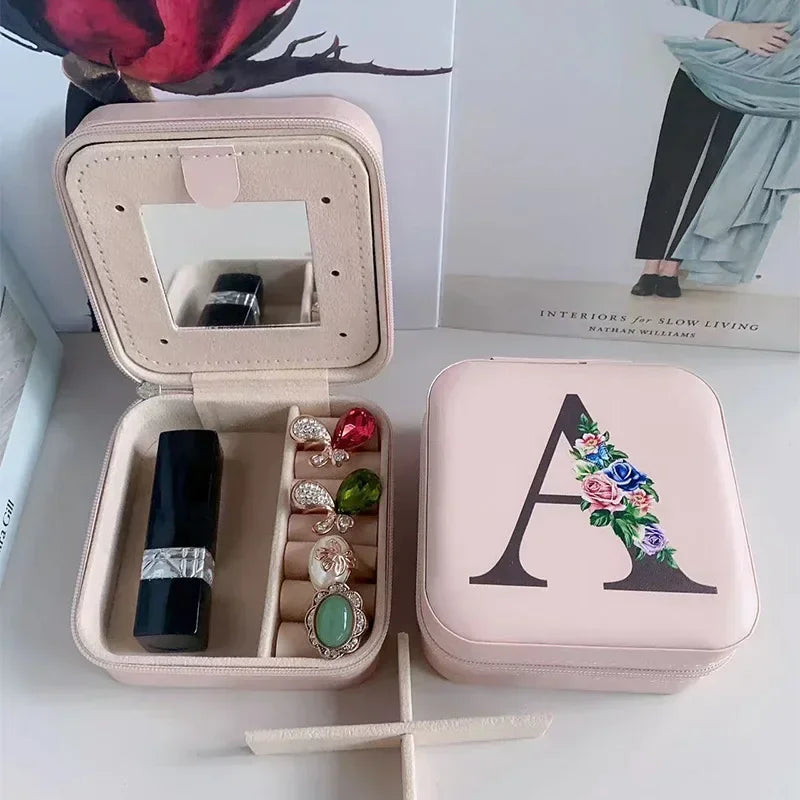 Flower&alphabet Jewelry Box Ring Boxes Travel Leather Jewellery Case Letter Print Bridesmaid Proposal Birthday Christmas Gift