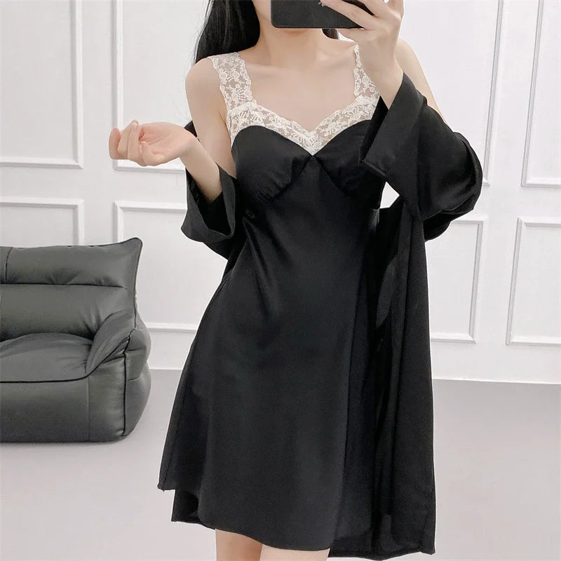 Sexy Female Nighty&Robe Set Intimate Lingerie Spring Summer Kimono Bathrobe Gown Sleepwear Two Piece Set Loose Satin Home Dress