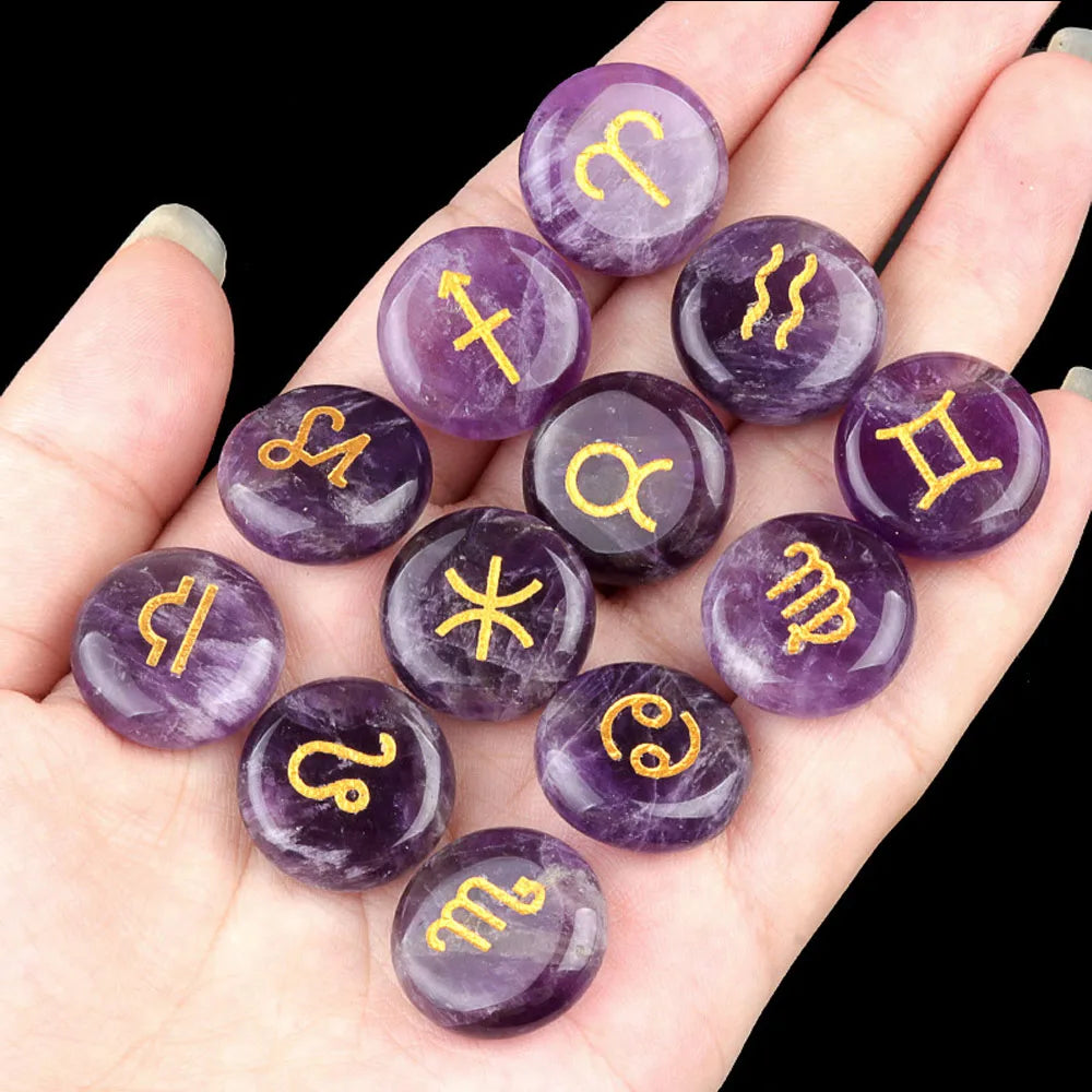 12pcs 18mm Round Zodiac Ornament Natural Stone Crystal Agate 12 Zodiac Sign Rune Reiki Stone Jewelry Accessories Christmas Gift