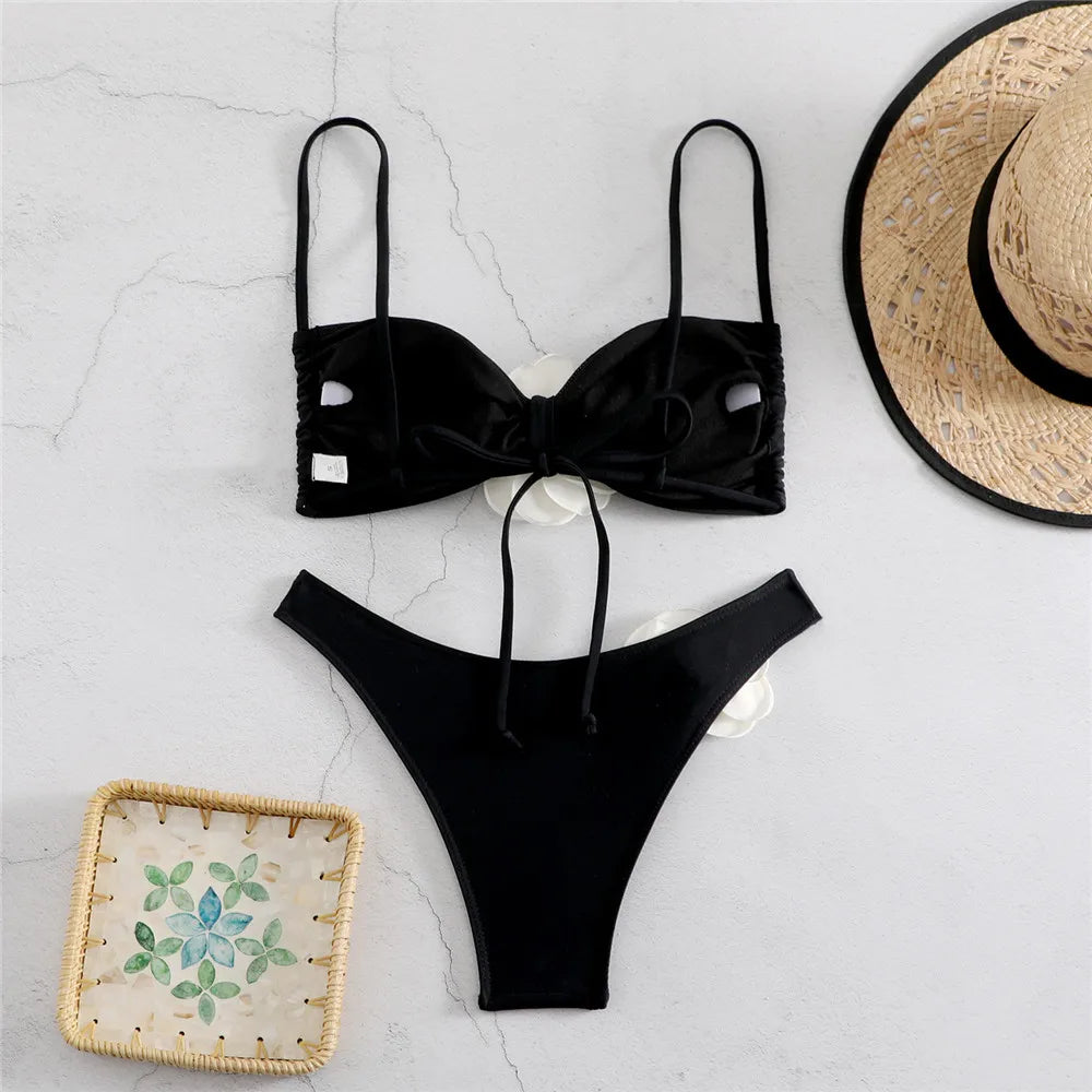 Sexy Flower Bandeau Swimwear Thong Bikini 2025 Women Lace-up Swimsuit Swimming Bathing Suit Brazilian Bikinis Sets Mujer Biquini