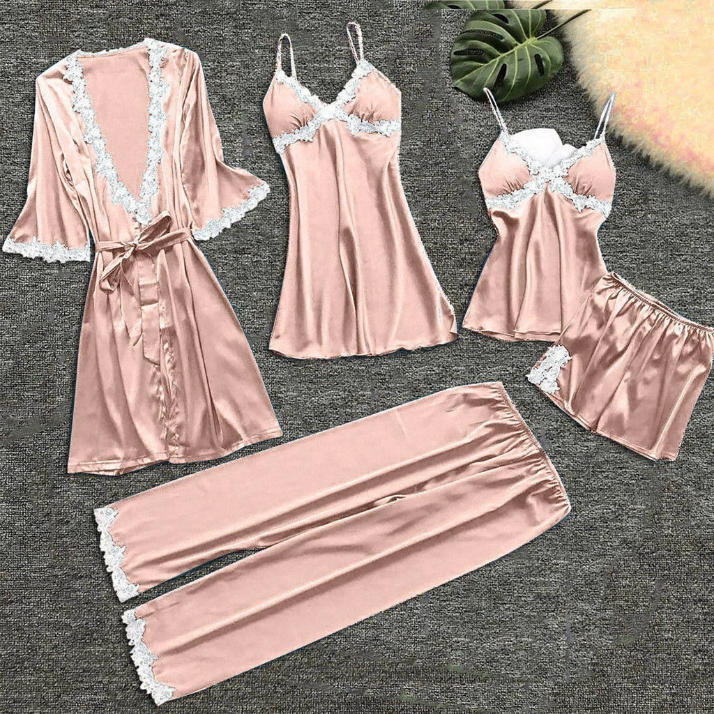 Ladies Underwear Women'S Sexy Nightgown Set 5-Piece Women Sexy Garter Lingerie Set Robes Lace Bodysuit Deep-V Neck Underwear