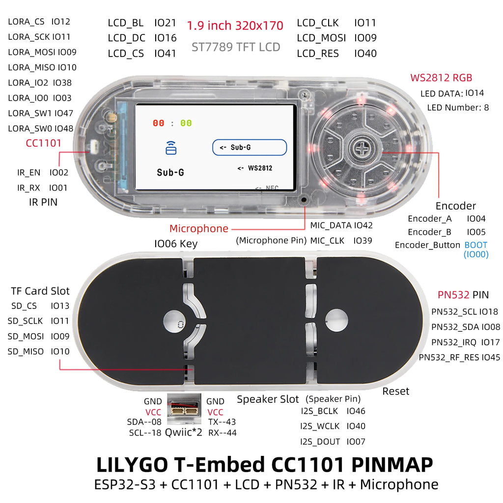 LILYGO® T-Embed ESP32-S3 CC1101 Low-Power Sub-1 GHz RF Transceiver PN532 NFC RFID I2C Module LCD Board Built-in Battery 1300mAh
