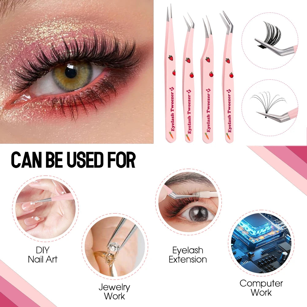 Eyelash Tweezers Pink Strawberry Stainless Steel Superhard Tweezers For Lash Extension High Precision Anti-Static Makeup Tweezer