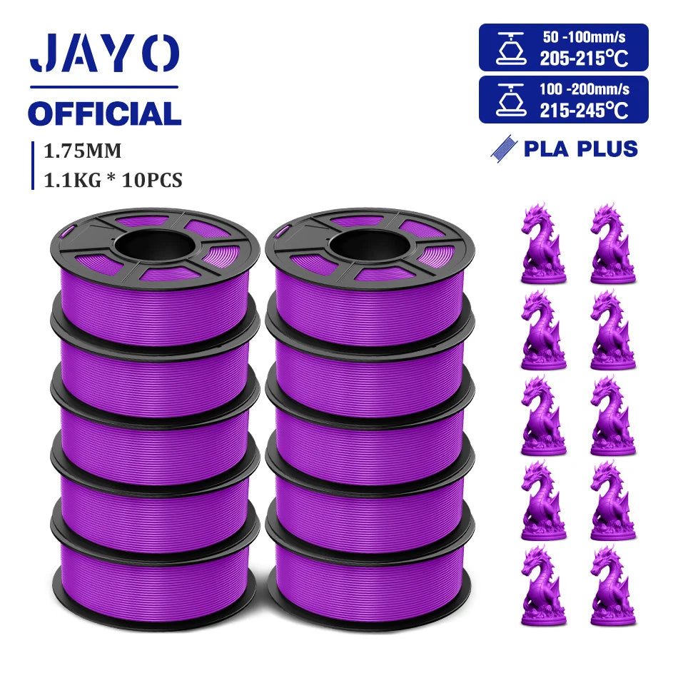 JAYO PLA + 3D Filament 1.75MM 10 Rolls PLA PLUS 3D Printer Filament Neatly Wound 3D Printing Filament 1.1kg Spool High Toughness