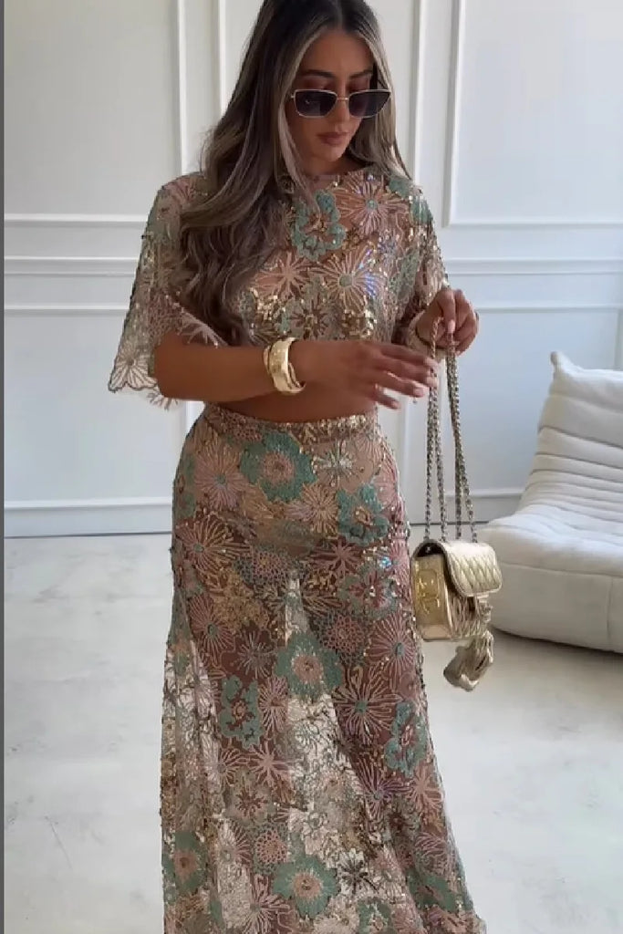 Women's Sequins Beach Skirt Sets Sexy Mesh See Through Slim Holiday Outfits Long Sleeve Fashion Club Party Two Piece Set 2025