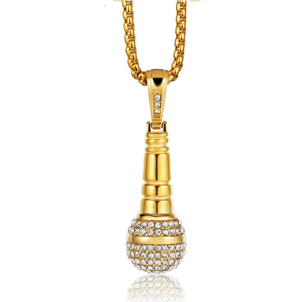 Hip Hop Iced Out Bling Microphone Pendant Gold Silver Color Stainless Steel Music Rapper Necklace for Men Women Jewelry Gift