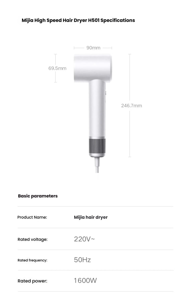 XIAOMI High Speed Hair Dryer H501 Negative Ion Hair Care 110000 Rpm Dry 220V CN Version (With EU Adapter) 62m/s wind speed