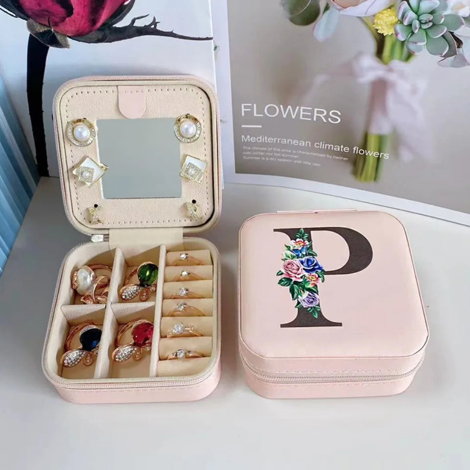 Flower&alphabet Jewelry Box Ring Boxes Travel Leather Jewellery Case Letter Print Bridesmaid Proposal Birthday Christmas Gift