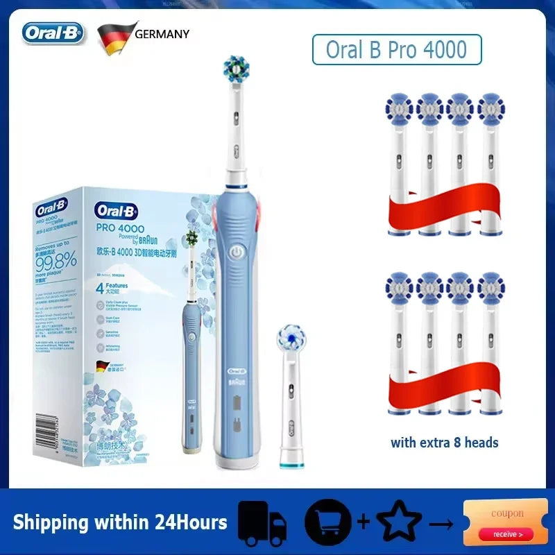 Oral B Pro 4000 Electric Toothbrush Rechargeable 3D Visible Pressure Sensor 4 Modes Sonic Tooth Brush for Adults Oral Cleaning