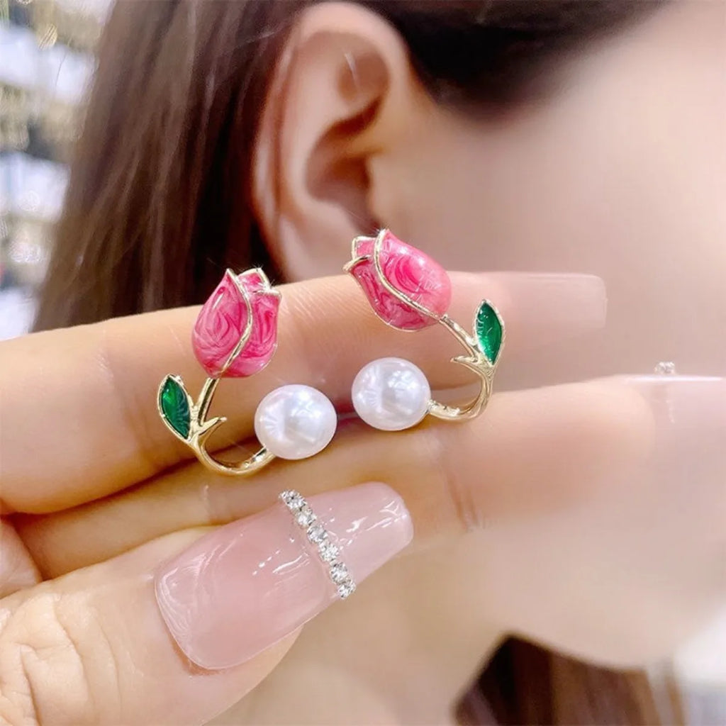 2pc French Tulip Flower Stud Earrings Light Luxury Imitation Pearl Earrings Women's Fashion Summer Female Ear Jewelry Party Gift