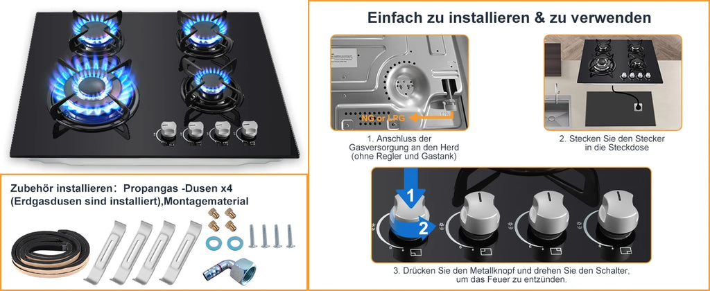 60cm Built-in Gas Hob 4 Burner | Auto Thermocouple & Safety Lock | 4-Zone Tempered Glass 8060W with Auto Ignition