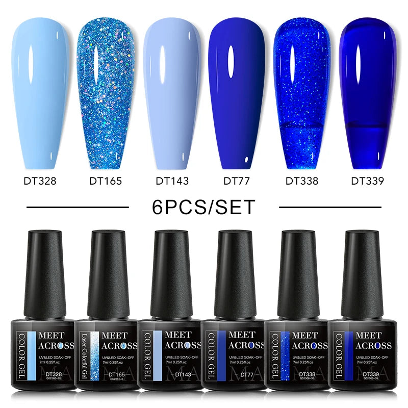 MEET ACROSS 6PCS/SET Macaron Series Gel Nail Polish Set Glitter Semi Permanent UV Nail Kit Base Matte Top Coat Nail Art Manicure