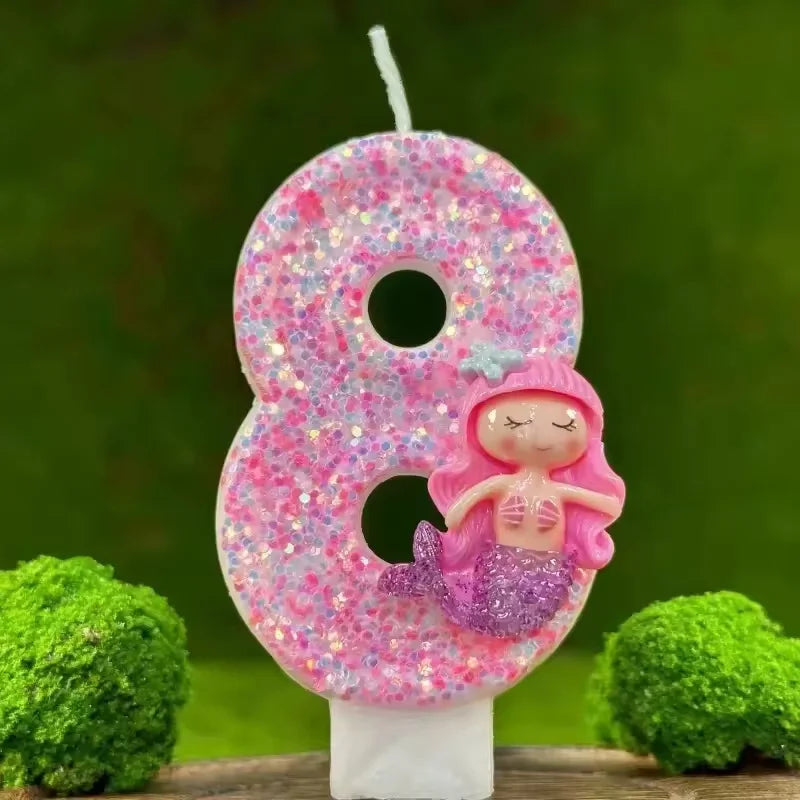 Sanrio Handmade DIY1pc Number 0-9 Pink cartoon mermaid Digital Candles with Sequins Suitable for Birthday Party Cake Decoration