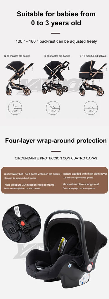 Luxurious 3 in 1 Baby Stroller Portable Travel Baby Carriage Folding Prams Aluminum Frame High Landscape Car for Newborn Baby BLACK