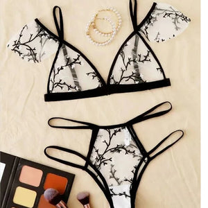 Sexy underwear women set Floral Embroidery Sheer Mesh Lingerie Set  no bra  Backless Bralette sexi Intimates lace bra set