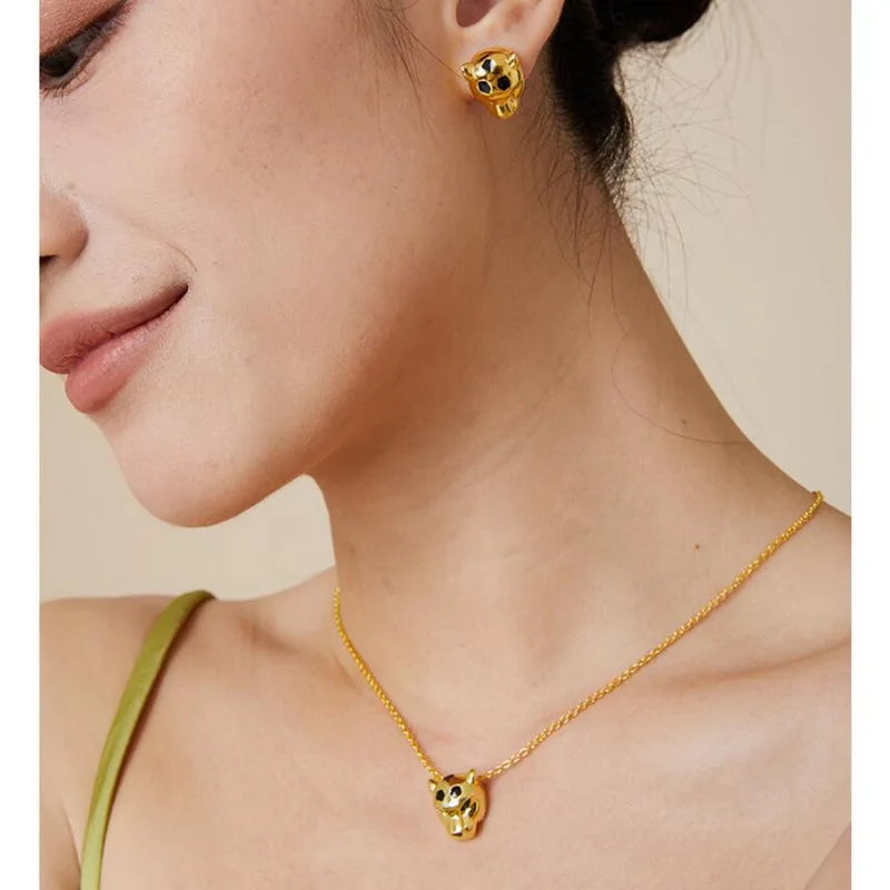 Designer Fashion Style Earrings Necklace Inlay Cubic Zircon Black Enamel Spots Leopard Panther Jewelry Sets
