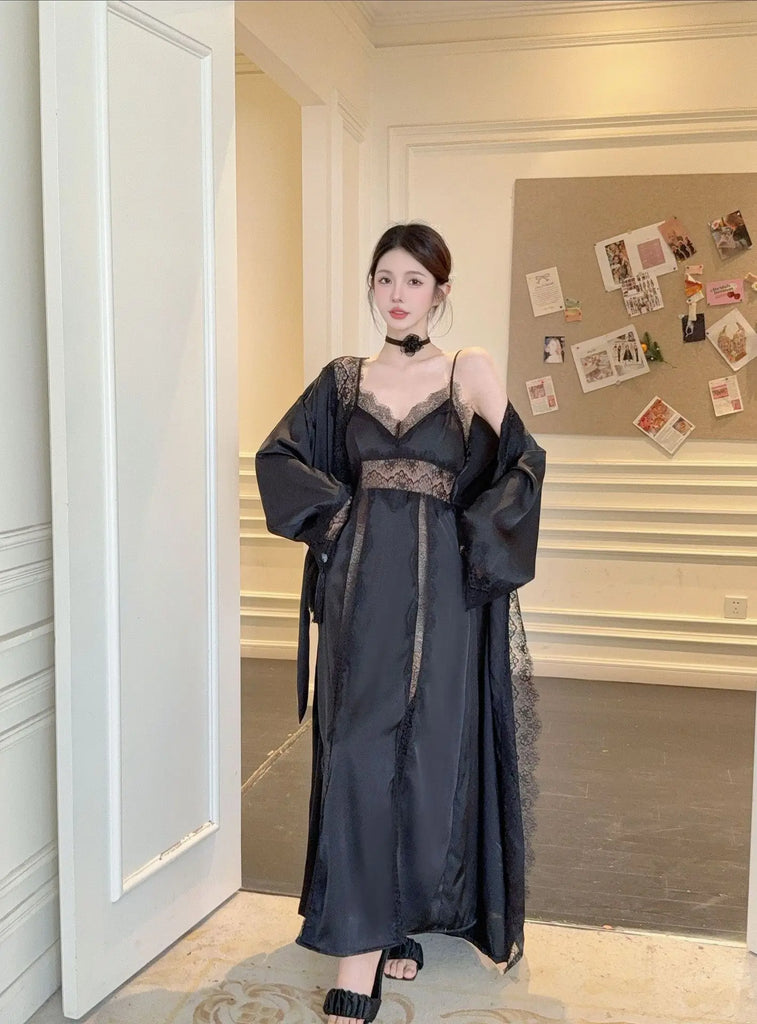 Women Long Twinset Robe Set Sexy Lace Trim Wedding Bathrobe Kimono Gown Sleepwear Elegant Ice Silk Nightgown Loungewear Homewear