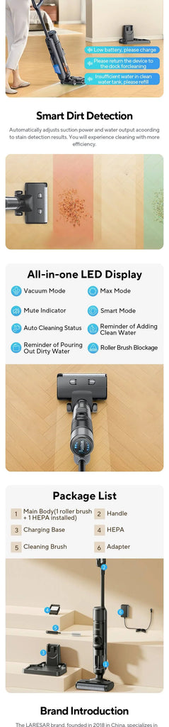 Laresar M3 Cordless Wet Dry Vacuum Cleaner Mop, Edge Cleaning 55min Auto Suction Floor Washer Self-Cleaning Smart Home Appliance