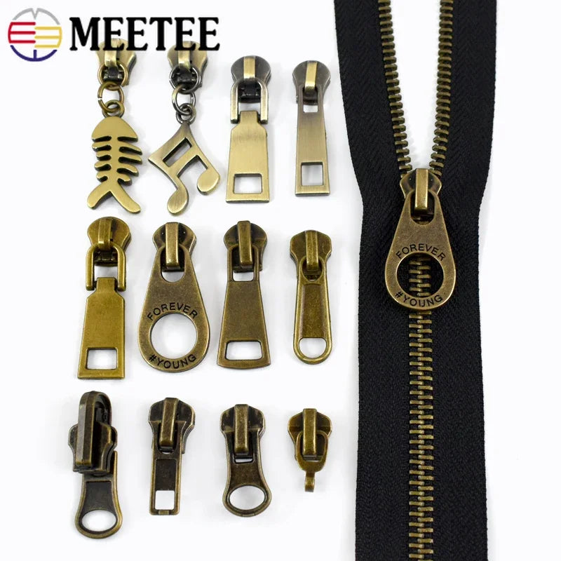 5/10Pcs Meetee 5# Bronze Zipper Slider Pull for Metal Zippers Sewing Bag Zips Puller Head Clothes Zip Repair Kit DIY Accessories