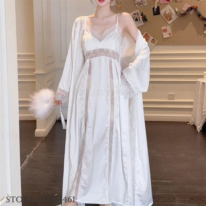 Women Long Twinset Robe Set Sexy Lace Trim Wedding Bathrobe Kimono Gown Sleepwear Elegant Ice Silk Nightgown Loungewear Homewear