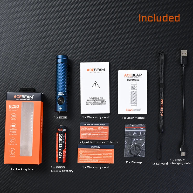 ACEBEAM EC20 new released Led flashlight EDC LUXEON HL4X Leds 2800 lumens 340 meters 18650 battery multi-color auxiliary lights