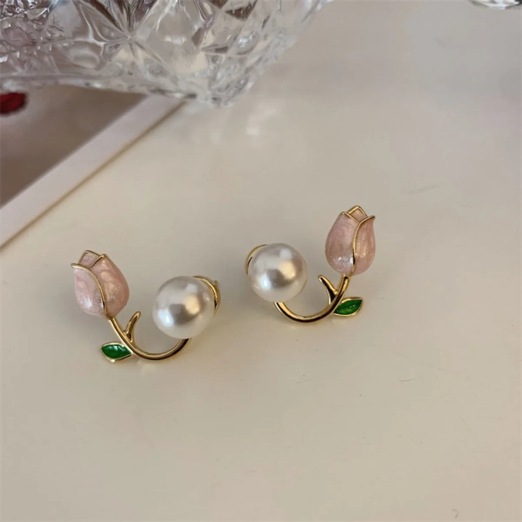 2pc French Tulip Flower Stud Earrings Light Luxury Imitation Pearl Earrings Women's Fashion Summer Female Ear Jewelry Party Gift