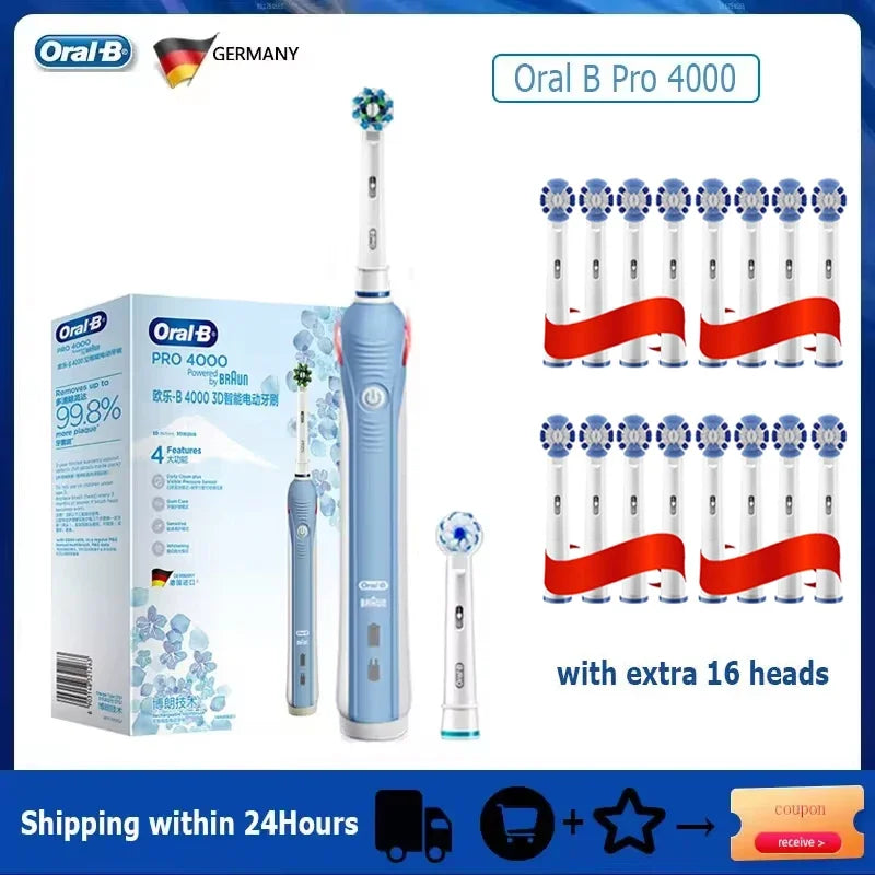 Oral B Pro 4000 Electric Toothbrush Rechargeable 3D Visible Pressure Sensor 4 Modes Sonic Tooth Brush for Adults Oral Cleaning