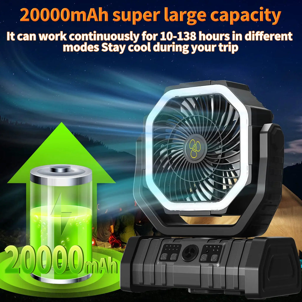 Portable USB Rechargeable Camping Fan Wireless Handheld Cooling Fan with Hook 270° Rotatable Head 10000mAh 20000mAh