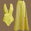 Women Bikini Set Swimsuit Sexy V Neck Solid Color Laser Cutting Flower Swimsuit Beachwear Luxury Summer Beachwear Dress