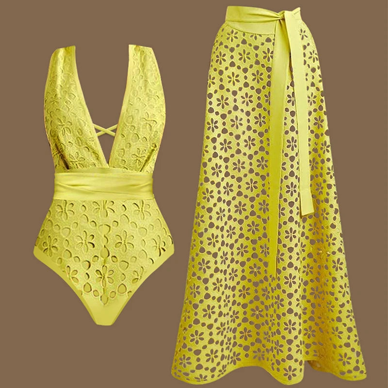 Women Bikini Set Swimsuit Sexy V Neck Solid Color Laser Cutting Flower Swimsuit Beachwear Luxury Summer Beachwear Dress