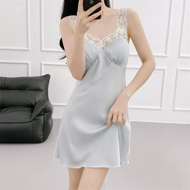 Sexy Female Nighty&Robe Set Intimate Lingerie Spring Summer Kimono Bathrobe Gown Sleepwear Two Piece Set Loose Satin Home Dress