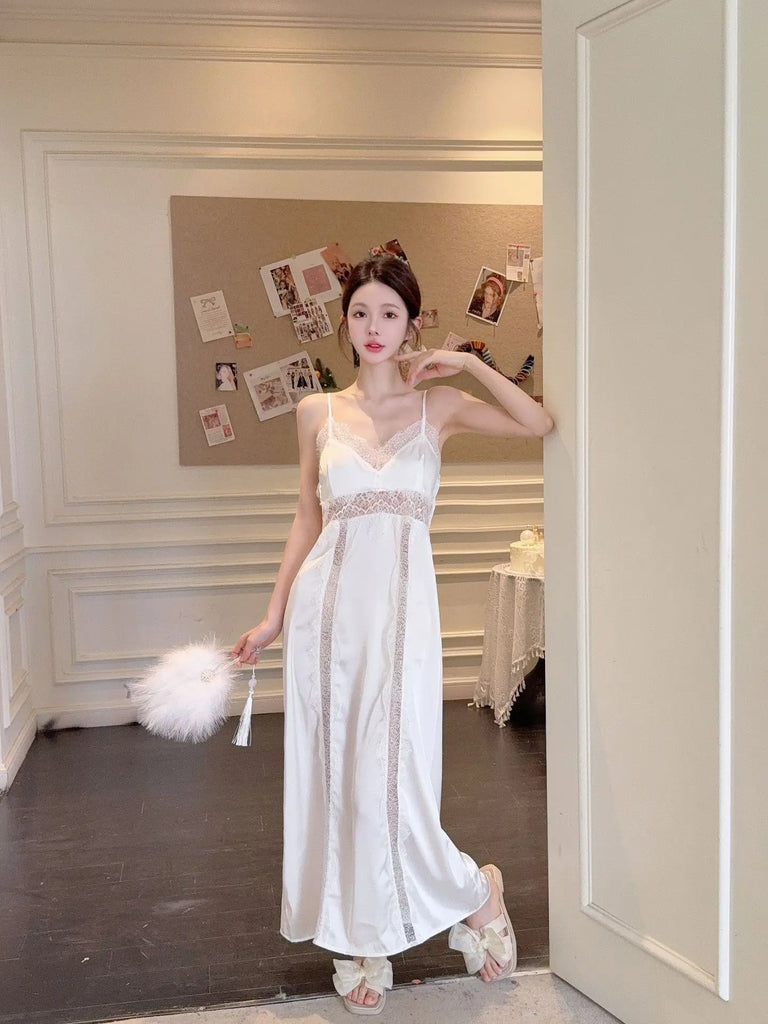 Women Long Twinset Robe Set Sexy Lace Trim Wedding Bathrobe Kimono Gown Sleepwear Elegant Ice Silk Nightgown Loungewear Homewear