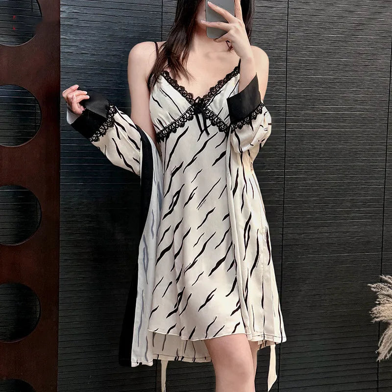 Female Nighty&Robe Set Sleepwear Summer Bathrobe Nightgown Sexy Lace Suspender Nightdress Home Dressing Gown Rayon Nightwear