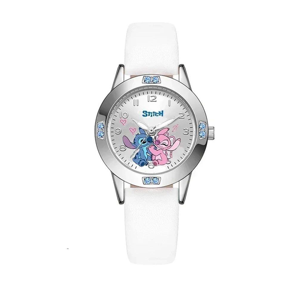 Disney Stitch Girl's Watches Diamond Quartz Watch for Women Stich Cartoon Leather Wristwatches Fashion Steel Belt Watch Gift