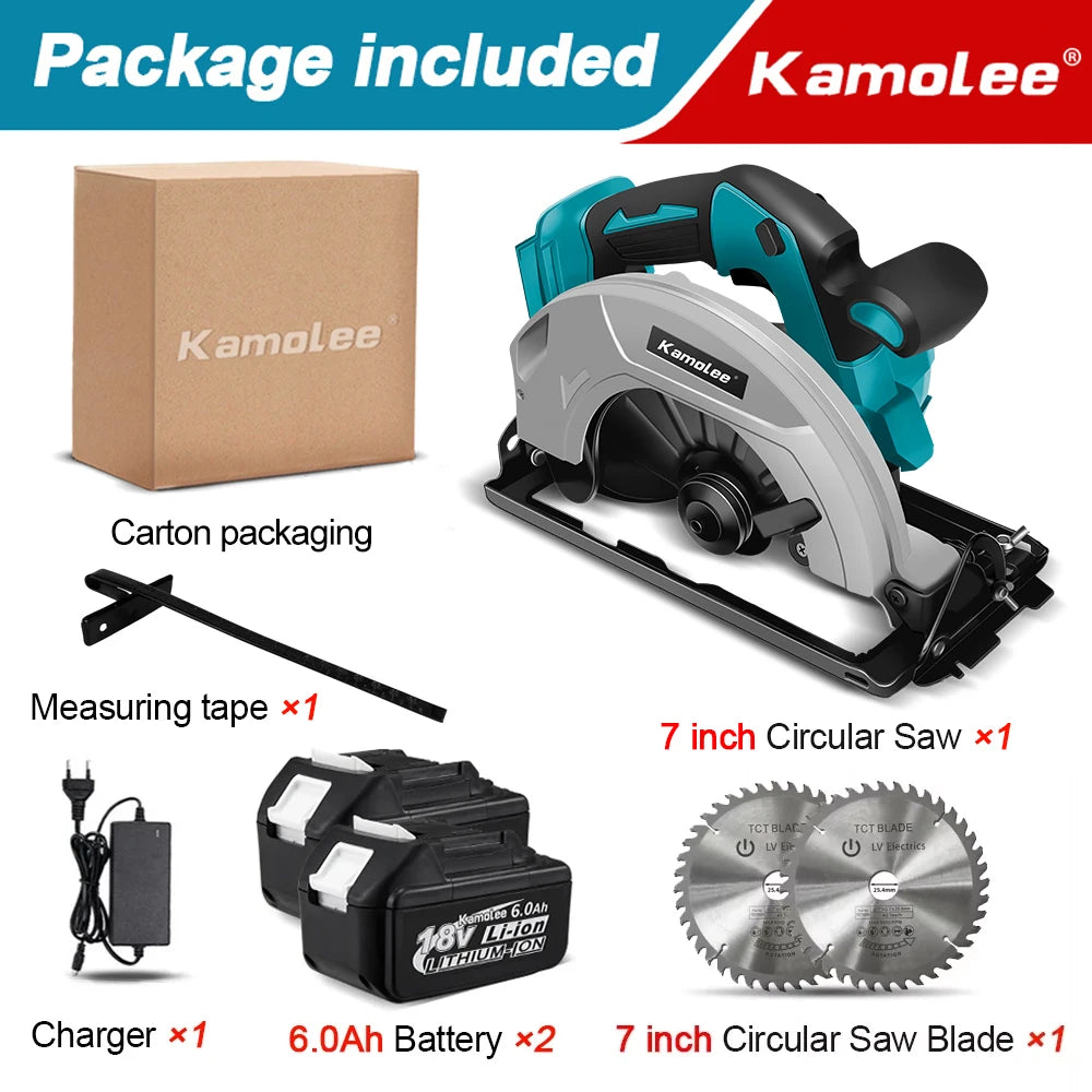 Kamolee 7 inch 21V 6.0Ah 6000mAh Electric Circular Saw  for Home DIY Apply to 18V 21V Battery