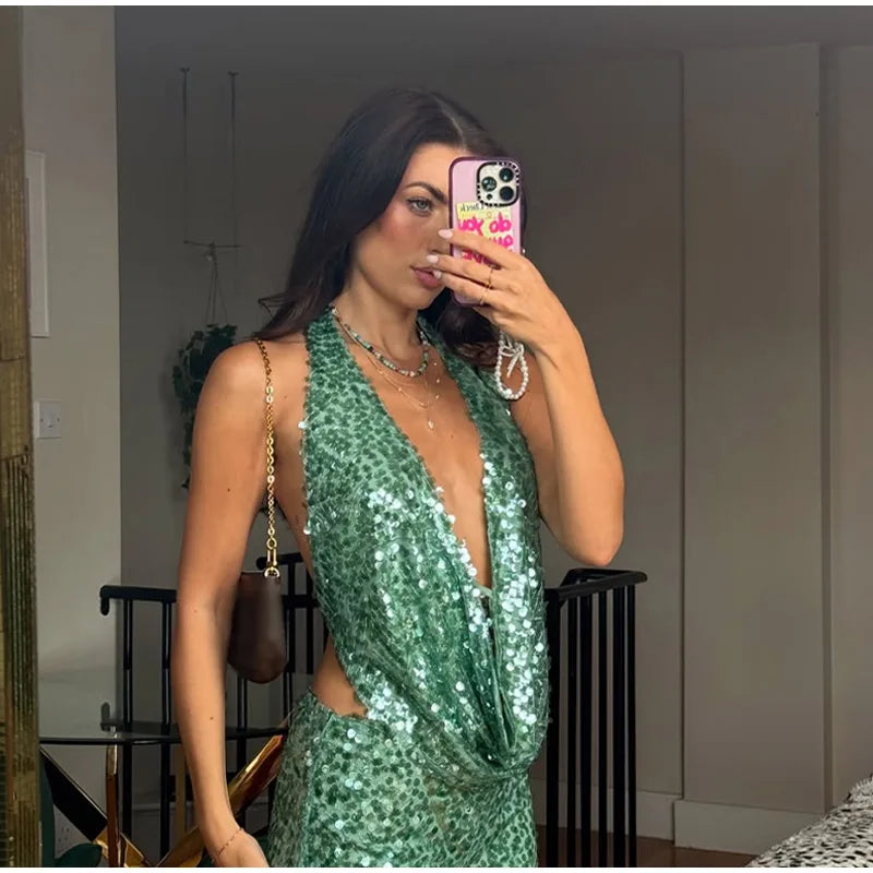 Sexy Sequined Halter Skirt Set Women Sleeveless Lace Up Tops Hip Package A-line Skirts 2025 Summer Lady Chic Party Beach Outfits