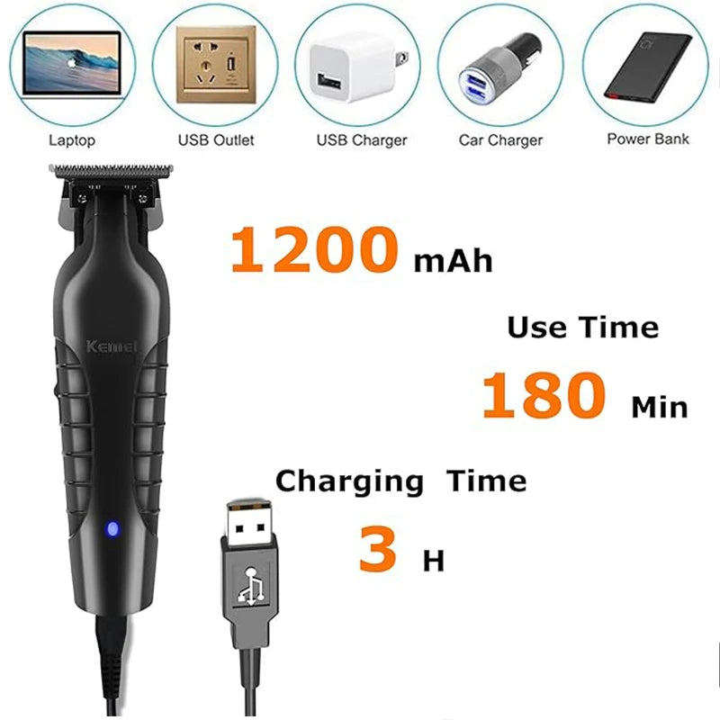 Kemei 2299 Barber Cordless Hair Trimmer 0mm Zero Gapped Carving Clipper Detailer Professional Electric Finish Cutting Machine