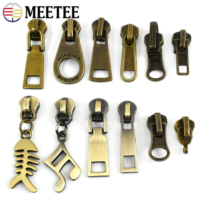 5/10Pcs Meetee 5# Bronze Zipper Slider Pull for Metal Zippers Sewing Bag Zips Puller Head Clothes Zip Repair Kit DIY Accessories