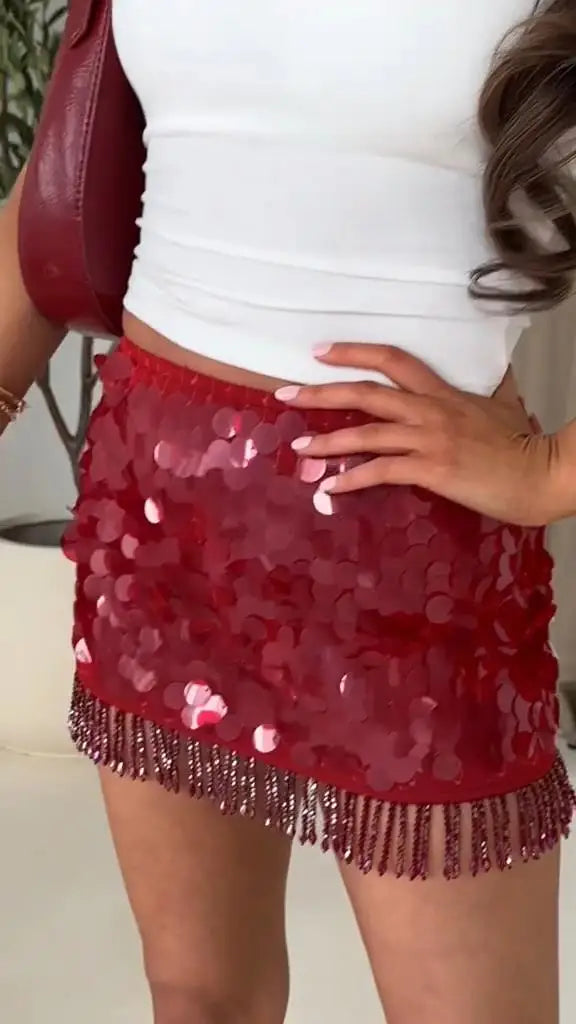 Sexy Sequined Halter Skirt Set Women Sleeveless Lace Up Tops Hip Package A-line Skirts 2025 Summer Lady Chic Party Beach Outfits