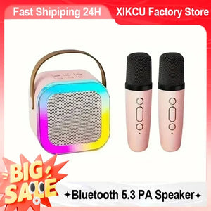Portable Bluetooth 5.3 Karaoke Speaker 3D Surround Sound with 1-2 Wireless Microphones Home Family Singing for Aux/U Disk/TF
