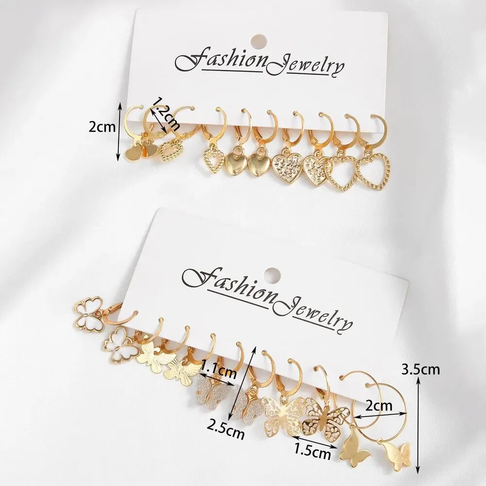 10pcs Gold Color Creative Simple Earrings Set for Women Fashion Temperament Hollowed-out Butterfly Love Earrings Jewelry Gifts