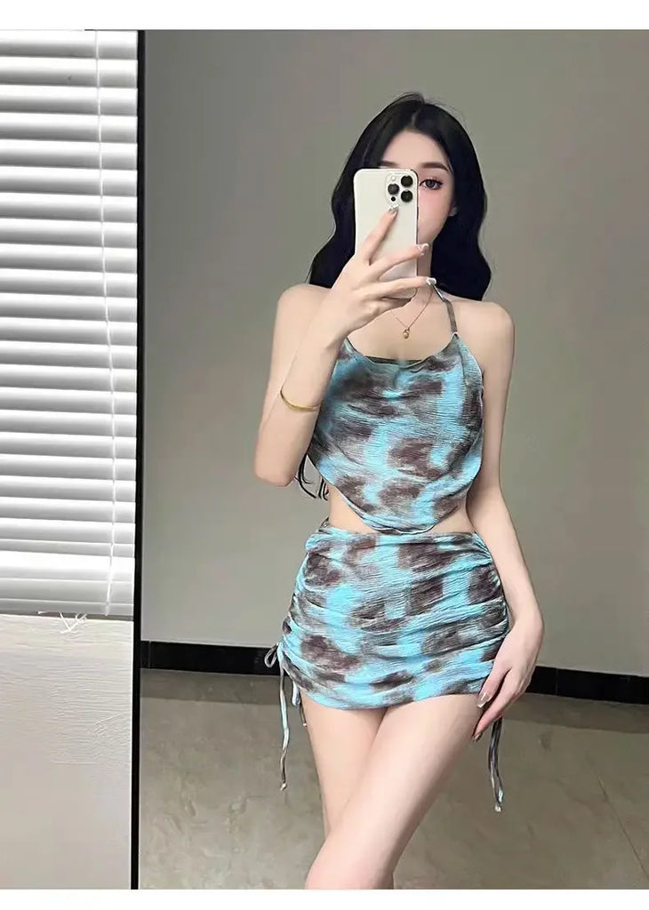 Sexy Women Floral Printed Bathing Suits with Beach Skirt Halter Bikinis Set Lady Push Up Swimsuit Swimwear Beachwear