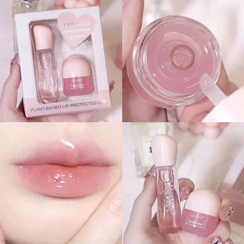 Leeinto Plant Essence Lip Care Set: Moisturizing, Long-Lasting Nourishment, Gentle Formula, Lightweight Texture, Lip Gloss, Lip Mask, Enhances Complexion, Pre-Makeup Primer, Essential for Daily Commuting and Dating, Night Car