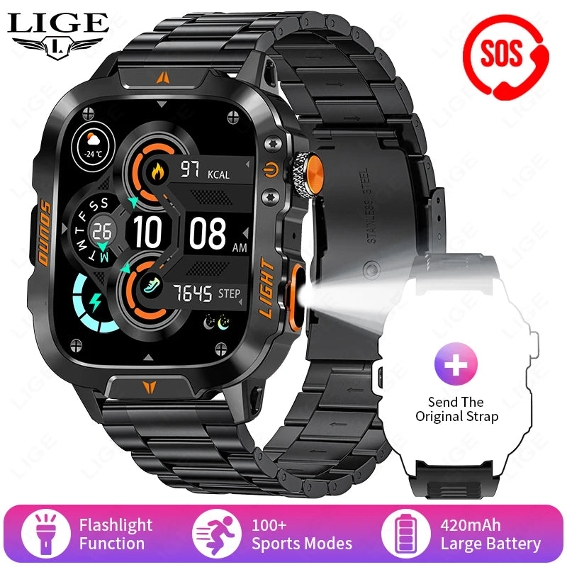 LIGE New Outdoor Military Smart Watch Men 420mAh LED Flashlight Heart Rate Sleep Health Monitoring Sport Fitness Smartwatch 2025