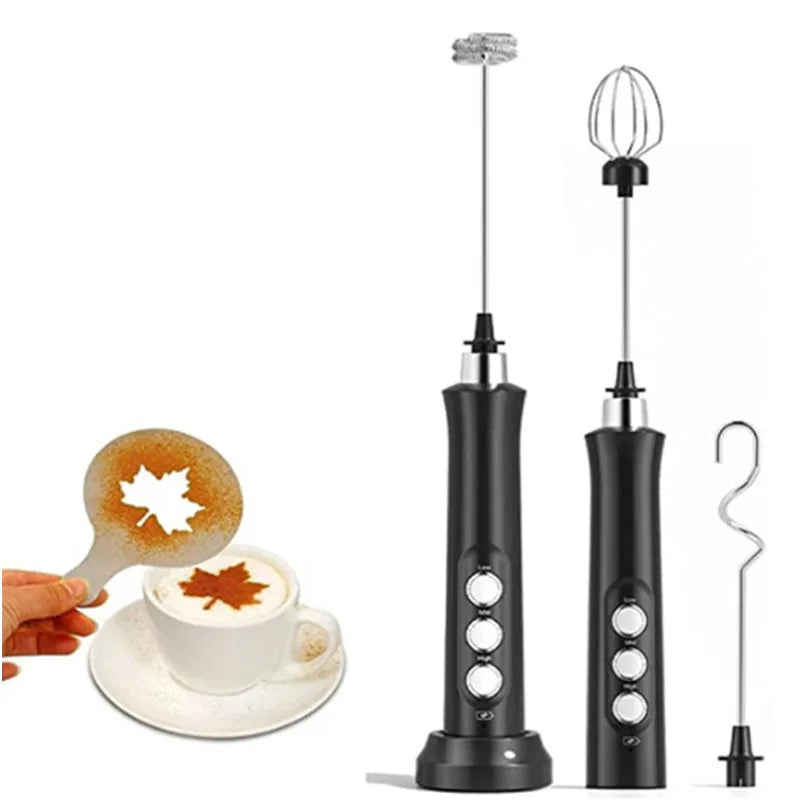 Wireless Rechargeable Electric Milk Frother - 3 Speeds, Handheld Foam Maker for Latte, Cappuccino, Hot Chocolate - USB Rechargea