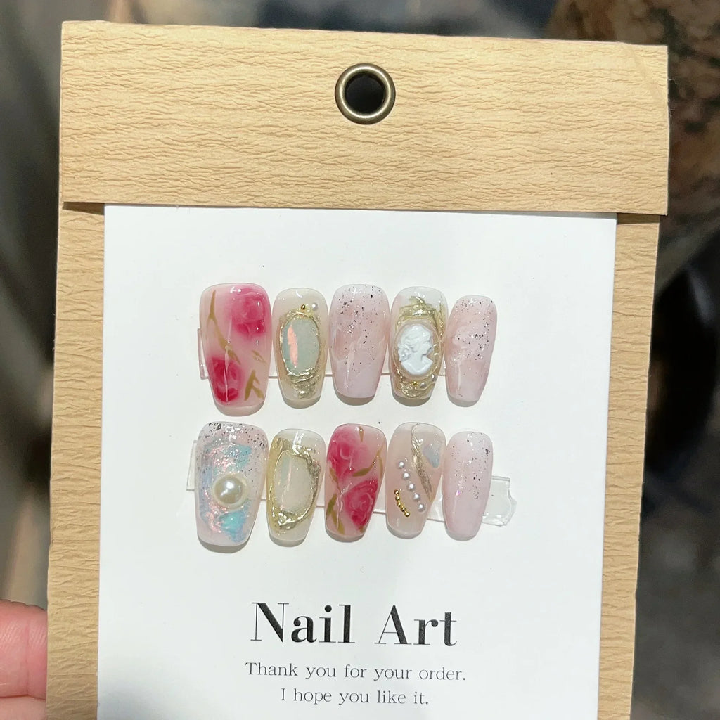 10Pcs Blue Handmade Press On Nails Set Ballet Wearable Artificial False Nails Decoration Nail Art Manicure Fake Nails Tips Art