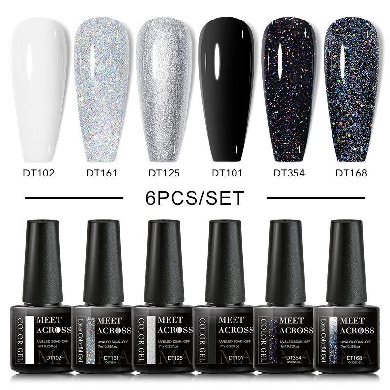 MEET ACROSS 6PCS/SET Macaron Series Gel Nail Polish Set Glitter Semi Permanent UV Nail Kit Base Matte Top Coat Nail Art Manicure